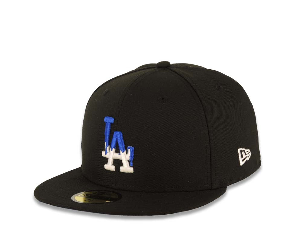 Los Angeles Dodgers New Era MLB 59FIFTY 5950 Fitted Cap Hat Black Crown/Visor White/Royal Blue Drip Logo 40th Anniversary Stadium Side Patch