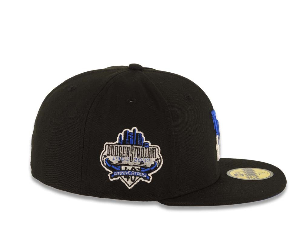Los Angeles Dodgers New Era MLB 59FIFTY 5950 Fitted Cap Hat Black Crown/Visor White/Royal Blue Drip Logo 40th Anniversary Stadium Side Patch