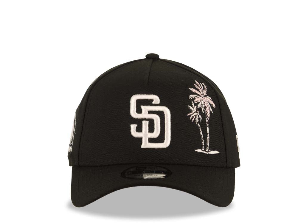 San Diego Padres New Era MLB 9FORTY 940 Adjustable A-Frame Cap Hat Black Crown/Visor White Logo With Pink Palm Petco Park Side Patch Gray UV