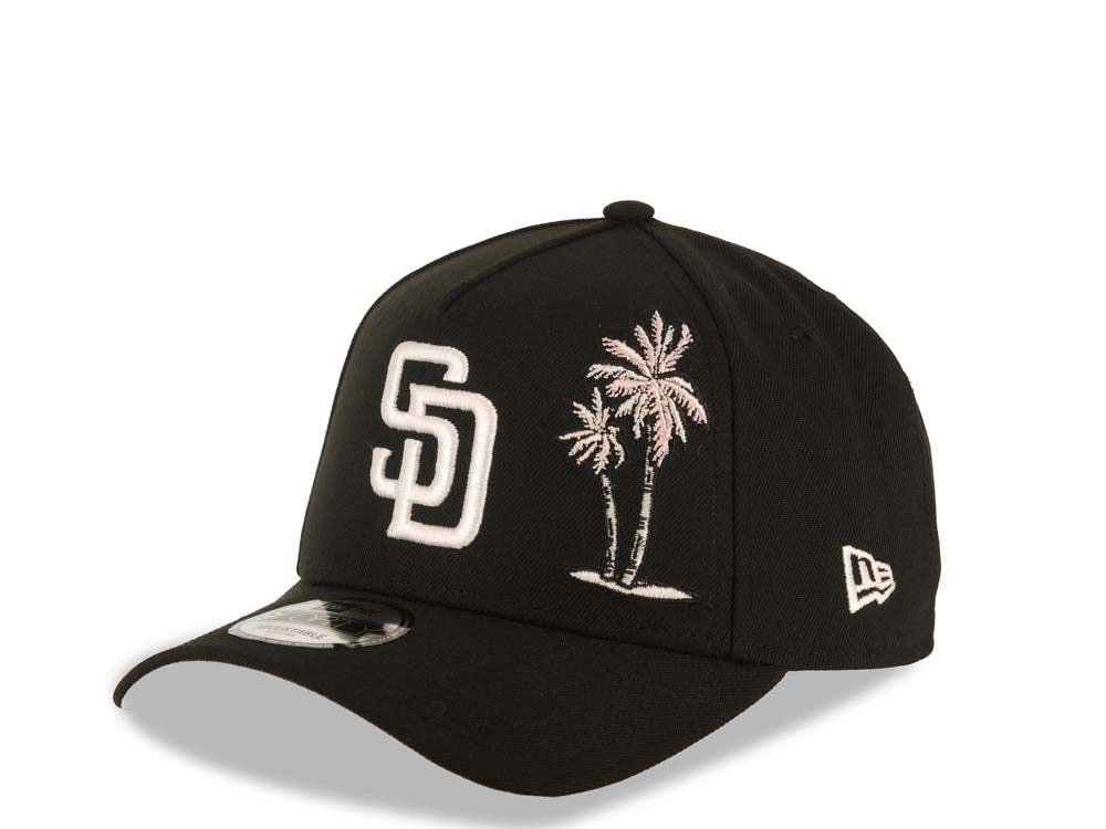 San Diego Padres New Era MLB 9FORTY 940 Adjustable A-Frame Cap Hat Black Crown/Visor White Logo With Pink Palm Petco Park Side Patch Gray UV