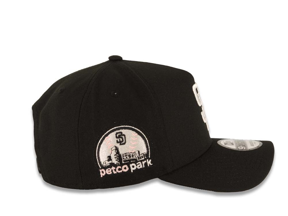 San Diego Padres New Era MLB 9FORTY 940 Adjustable A-Frame Cap Hat Black Crown/Visor White Logo With Pink Palm Petco Park Side Patch Gray UV
