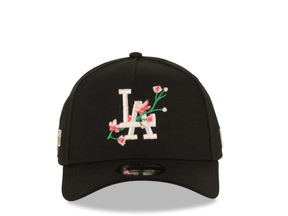 Los Angeles Dodgers New Era MLB 9FORTY 940 Adjustable A-Frame Cap Hat Black Crown/Visor White Logo With Pink Rose 2024 World Series Champions Side Patch