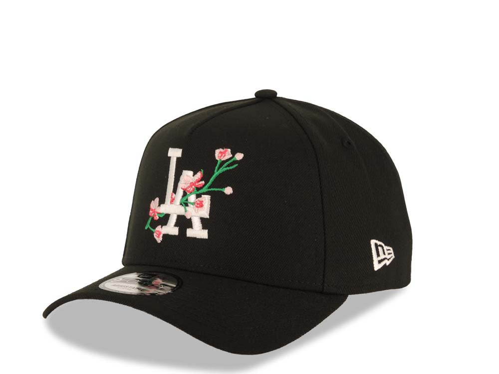 Los Angeles Dodgers New Era MLB 9FORTY 940 Adjustable A-Frame Cap Hat Black Crown/Visor White Logo With Pink Rose 2024 World Series Champions Side Patch