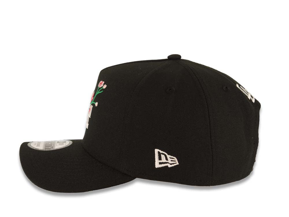 Los Angeles Dodgers New Era MLB 9FORTY 940 Adjustable A-Frame Cap Hat Black Crown/Visor White Logo With Pink Rose 2024 World Series Champions Side Patch