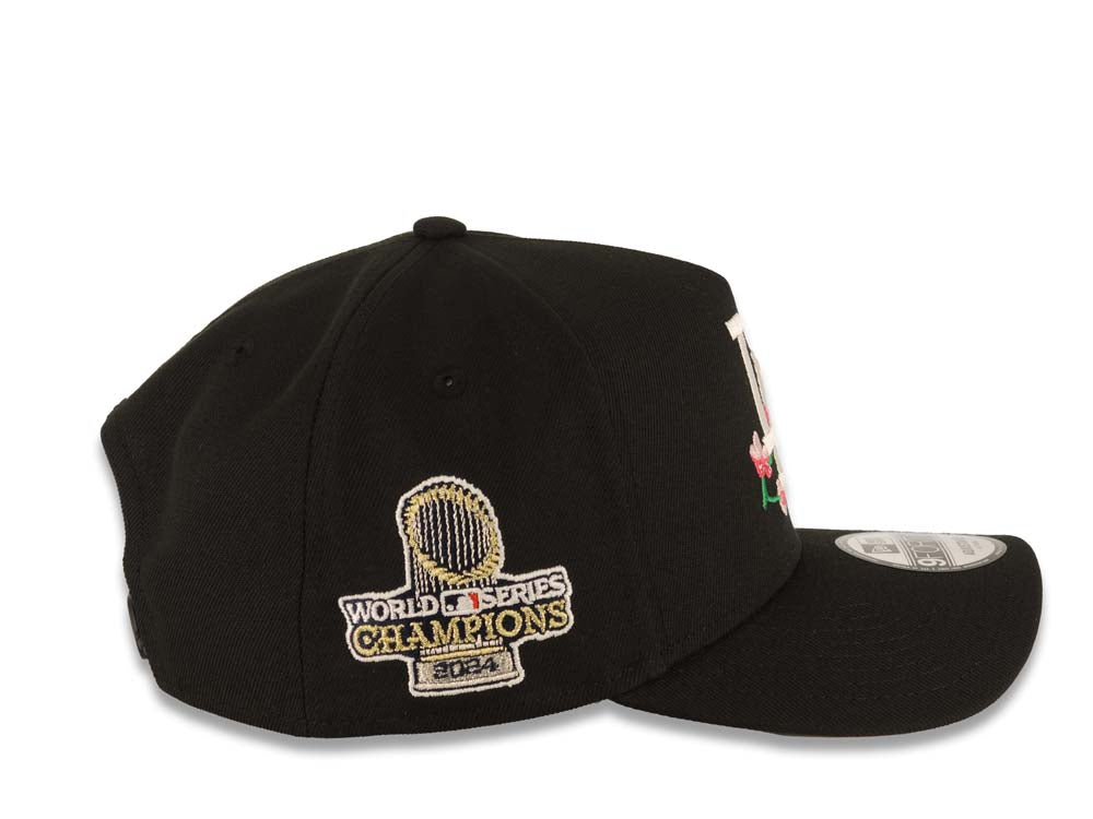 Los Angeles Dodgers New Era MLB 9FORTY 940 Adjustable A-Frame Cap Hat Black Crown/Visor White Logo With Pink Rose 2024 World Series Champions Side Patch