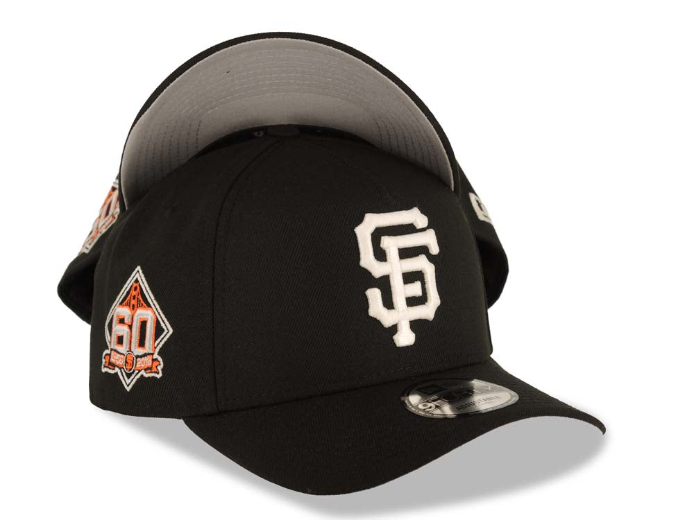 San Francisco Giants New Era 9FORTY 940 Adjustable A-Frame Cap Hat Black Crown/Visor Glow White Logo 60th Anniversary Side Patch Gray UV