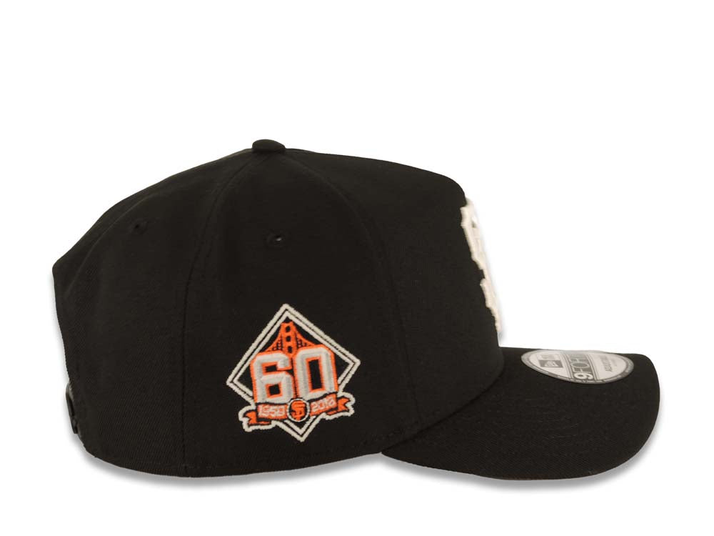 San Francisco Giants New Era 9FORTY 940 Adjustable A-Frame Cap Hat Black Crown/Visor Glow White Logo 60th Anniversary Side Patch Gray UV