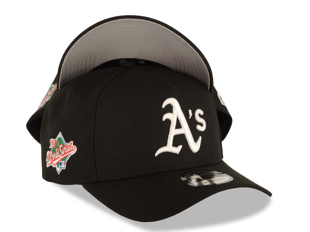 Oakland A's Athletics New Era MLB 9FORTY 940 Adjustable A-Frame Cap Hat Black Crown/Visor White Logo 1989 World Series Side Patch Gray UV