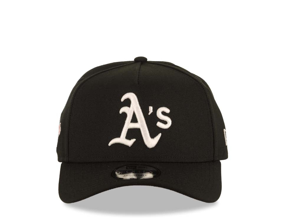 Oakland A's Athletics New Era MLB 9FORTY 940 Adjustable A-Frame Cap Hat Black Crown/Visor White Logo 1989 World Series Side Patch Gray UV