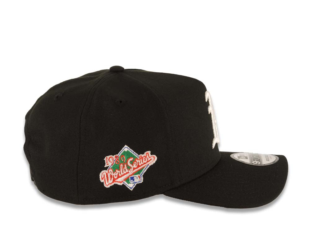 Oakland A's Athletics New Era MLB 9FORTY 940 Adjustable A-Frame Cap Hat Black Crown/Visor White Logo 1989 World Series Side Patch Gray UV