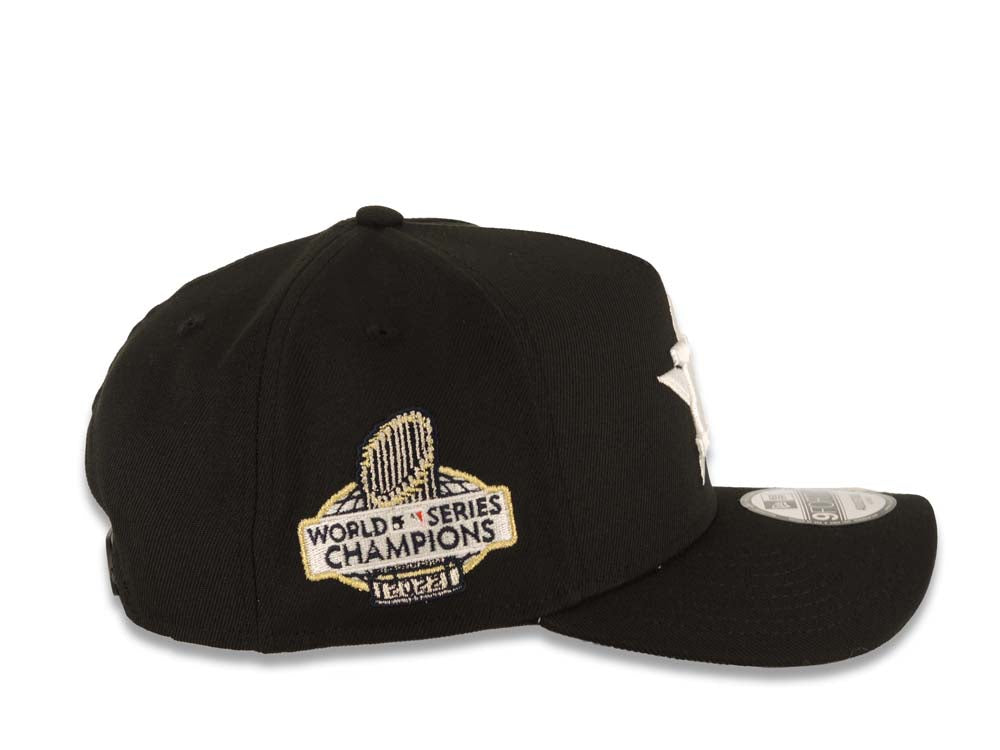 Houston Astros New Era MLB 9FORTY 940 Adjustable A-Frame Cap Hat Black Crown/Visor White Logo 2022 World Series Champions Side Patch Gray UV