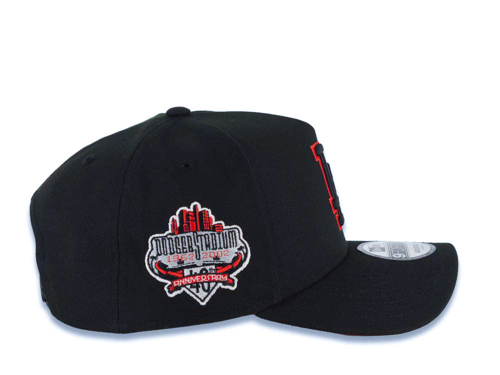 Los Angeles Dodgers New Era MLB 9FORTY 940 Adjustable A-Frame Cap Hat Black Crown/Visor Black/Red Logo 40th Anniversary Stadium Side Patch Red UV