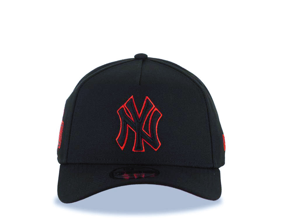 New York Yankees New Era MLB 9FORTY 940 Adjustable A-Frame Cap Hat Black Crown/Visor Black/Red Logo 2024 World Series Side Patch Red UV
