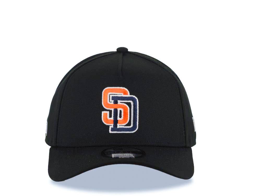 San Diego Padres New Era MLB 9FORTY 940 Adjustable A-Frame Cap Hat Black Crown/Visor Orange/Navy Flat Stitch Logo Batterman Batty Side Patch