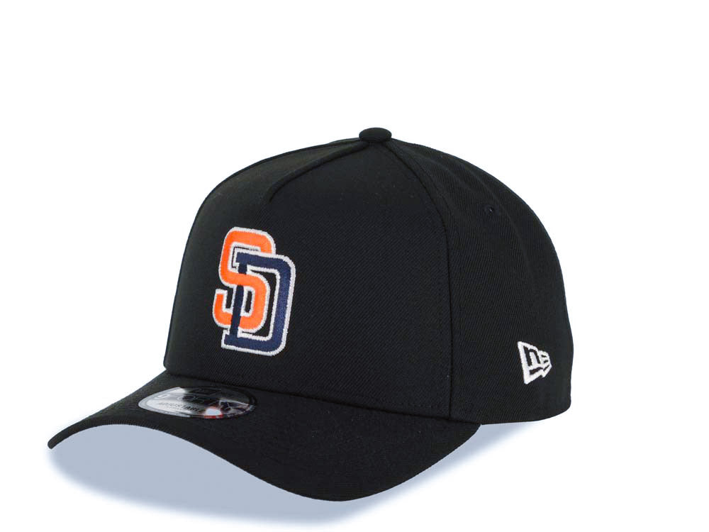 San Diego Padres New Era MLB 9FORTY 940 Adjustable A-Frame Cap Hat Black Crown/Visor Orange/Navy Flat Stitch Logo Batterman Batty Side Patch