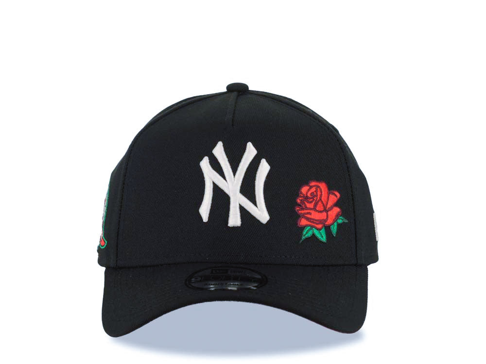 New York Yankees New Era MLB 9FORTY 940 Adjustable A-Frame Cap Hat Black Crown/Visor White Logo With Rose 27 World Championship Side Patch Red UV
