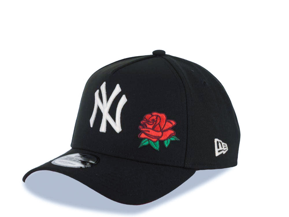 New York Yankees New Era MLB 9FORTY 940 Adjustable A-Frame Cap Hat Black Crown/Visor White Logo With Rose 27 World Championship Side Patch Red UV
