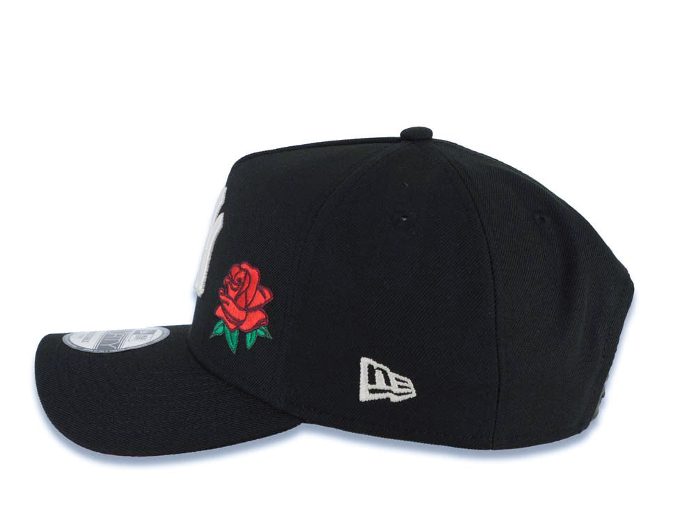 New York Yankees New Era MLB 9FORTY 940 Adjustable A-Frame Cap Hat Black Crown/Visor White Logo With Rose 27 World Championship Side Patch Red UV
