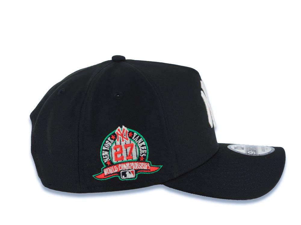 New York Yankees New Era MLB 9FORTY 940 Adjustable A-Frame Cap Hat Black Crown/Visor White Logo With Rose 27 World Championship Side Patch Red UV