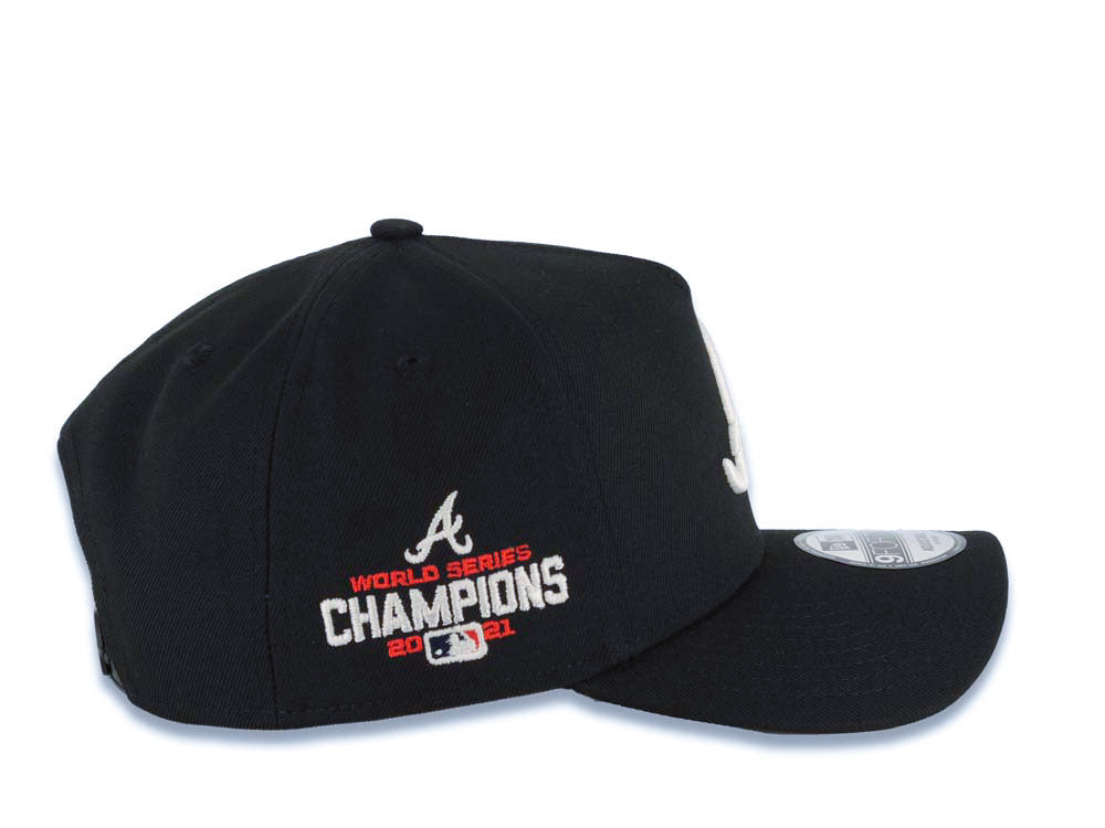 Atlanta Braves New Era MLB 9FORTY 940 Adjustable A-Frame Cap Hat Black Crown/Visor White Logo 2021 World Series Champions Side Patch