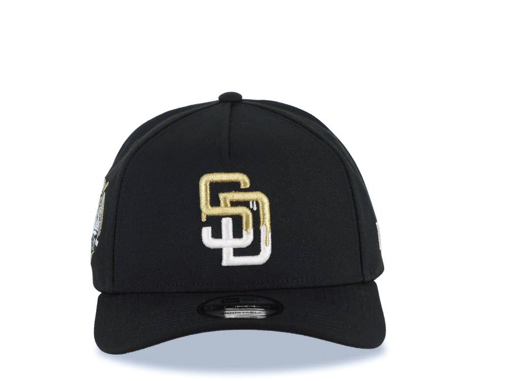 San Diego Padres New Era MLB 9FORTY 940 Adjustable A-Frame Cap Hat Black Crown/Visor White/Metallic Gold Drip Logo 40th Anniversary Side Patch