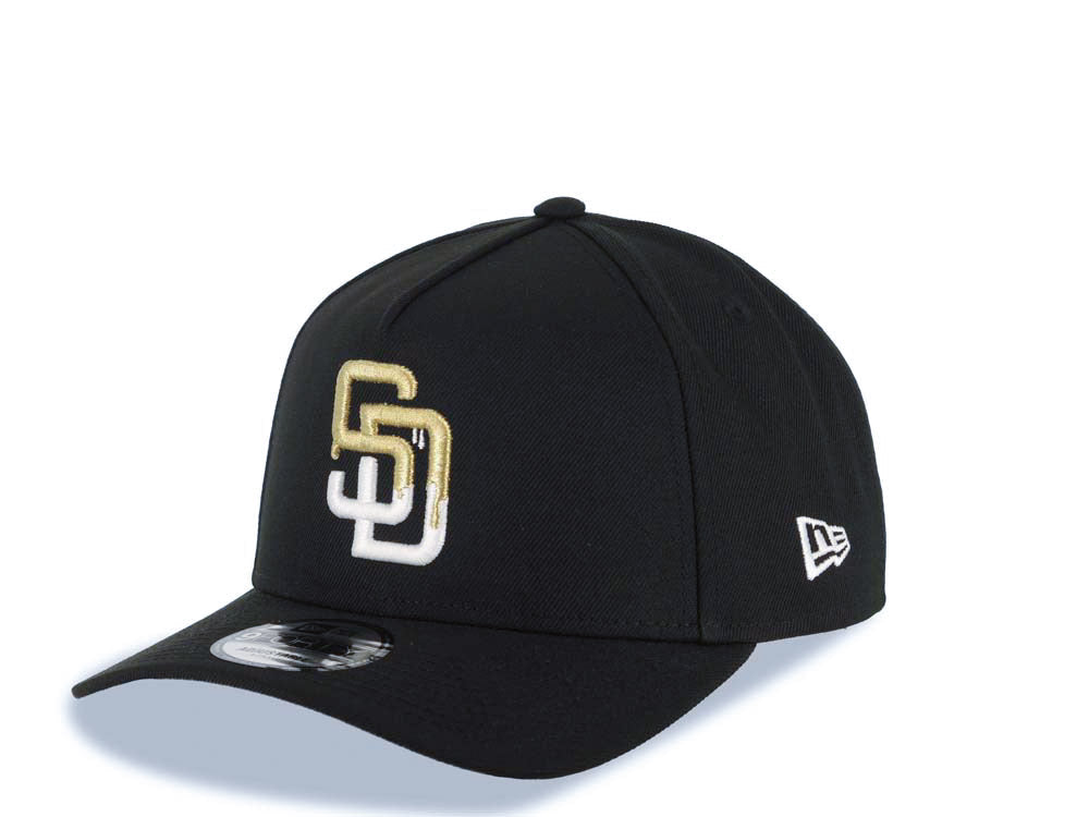San Diego Padres New Era MLB 9FORTY 940 Adjustable A-Frame Cap Hat Black Crown/Visor White/Metallic Gold Drip Logo 40th Anniversary Side Patch