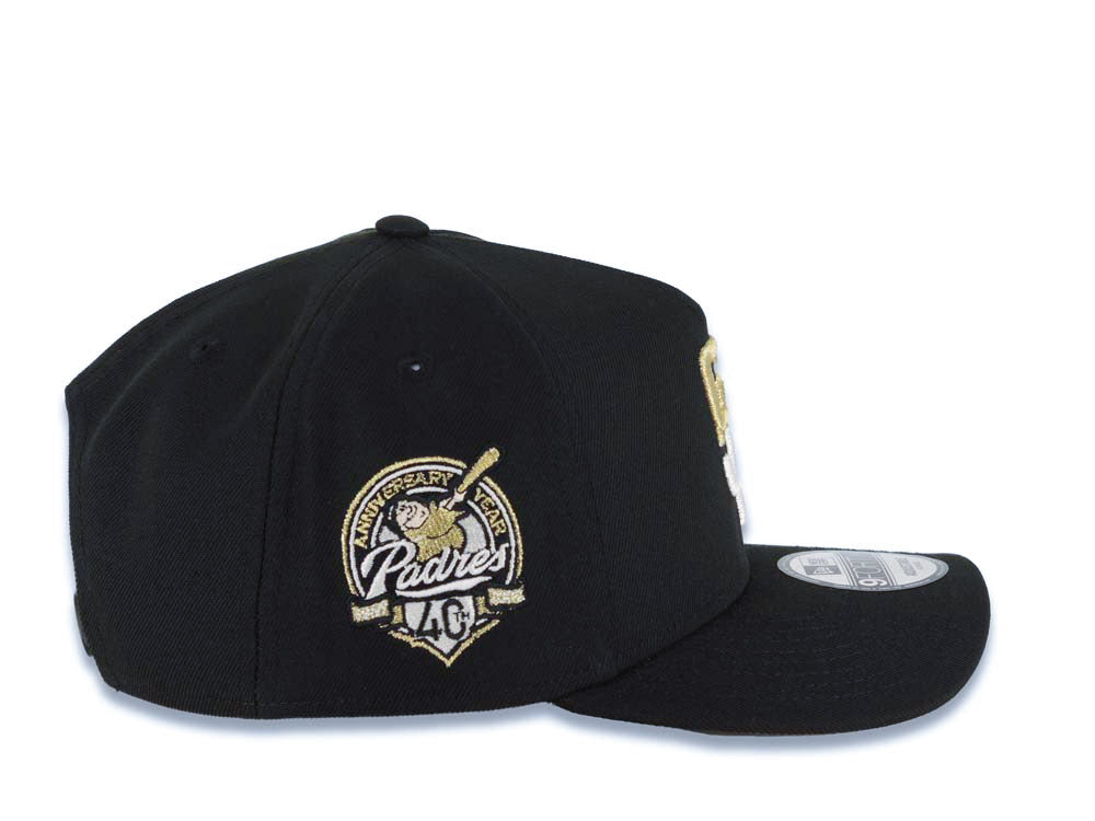San Diego Padres New Era MLB 9FORTY 940 Adjustable A-Frame Cap Hat Black Crown/Visor White/Metallic Gold Drip Logo 40th Anniversary Side Patch