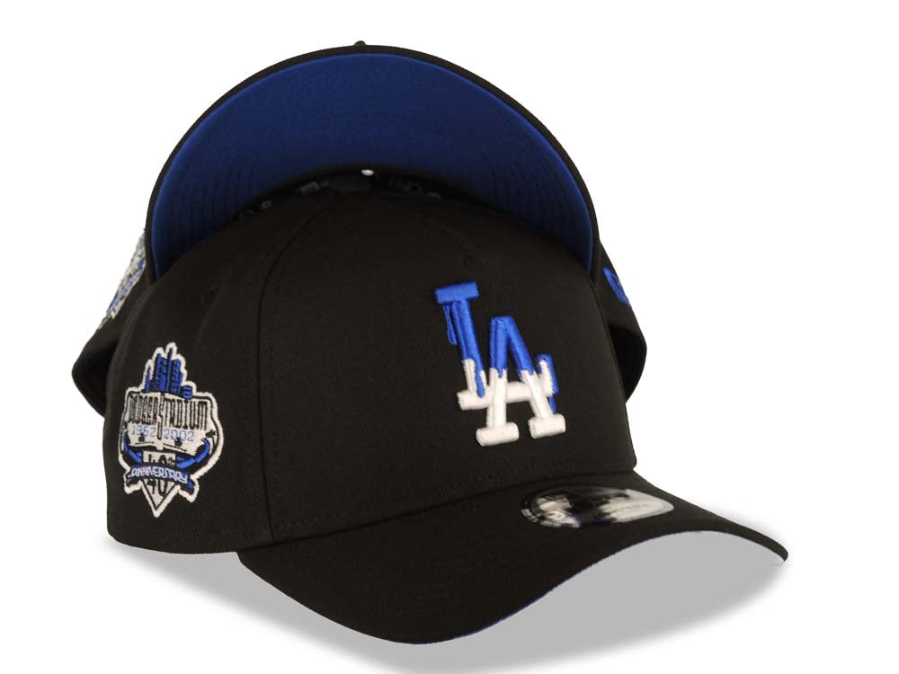 Los Angeles Dodgers New Era MLB 9FORTY 940 Adjustable A-Frame Cap Hat Black Crown/Visor White/Royal Blue Drip Logo 40th Anniversary Stadium Side Patch