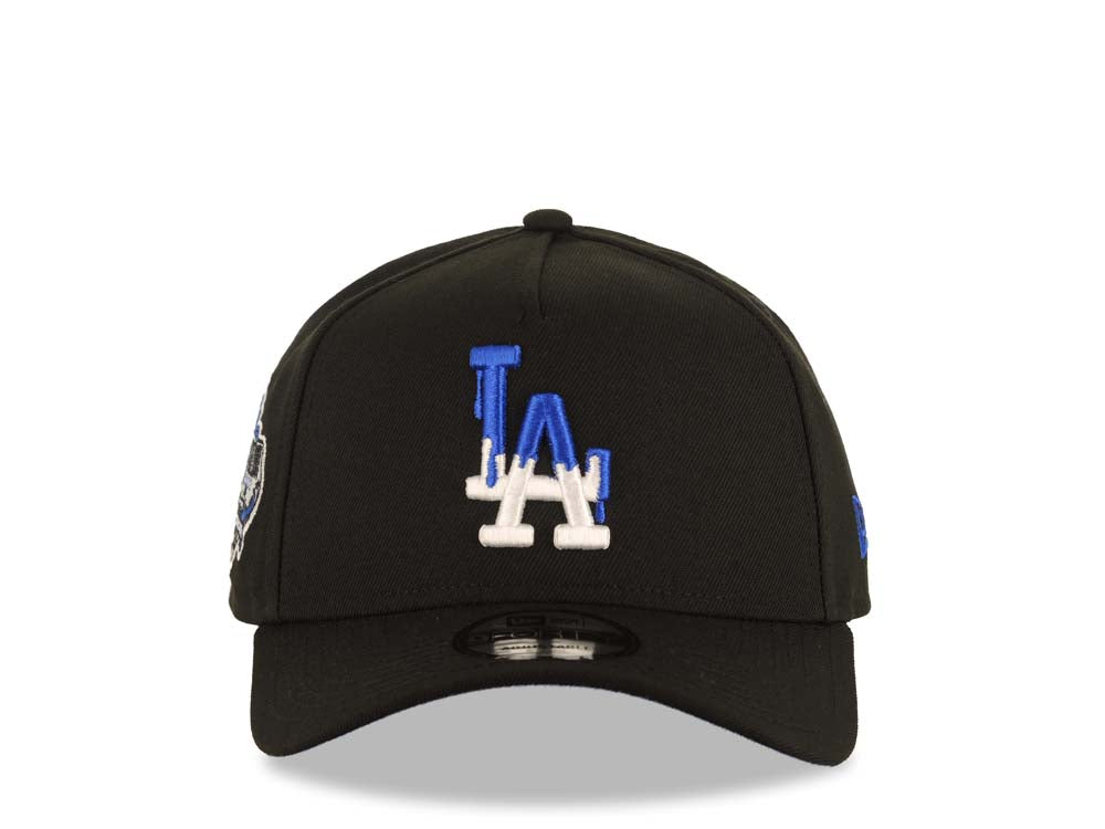 Los Angeles Dodgers New Era MLB 9FORTY 940 Adjustable A-Frame Cap Hat Black Crown/Visor White/Royal Blue Drip Logo 40th Anniversary Stadium Side Patch