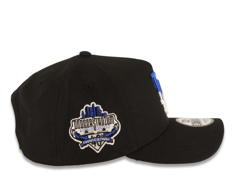 Los Angeles Dodgers New Era MLB 9FORTY 940 Adjustable A-Frame Cap Hat Black Crown/Visor White/Royal Blue Drip Logo 40th Anniversary Stadium Side Patch