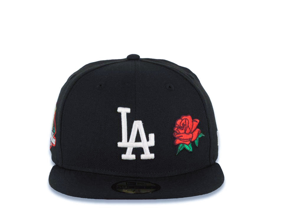 Los Angeles Dodgers New Era MLB 59FIFTY 5950 Fitted Cap Hat Black Crown/Visor White Logo With Rose 2024 World Series Side Patch
