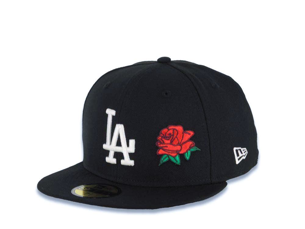 Los Angeles Dodgers New Era MLB 59FIFTY 5950 Fitted Cap Hat Black Crown/Visor White Logo With Rose 2024 World Series Side Patch