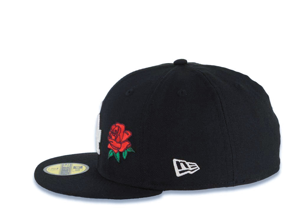 Los Angeles Dodgers New Era MLB 59FIFTY 5950 Fitted Cap Hat Black Crown/Visor White Logo With Rose 2024 World Series Side Patch