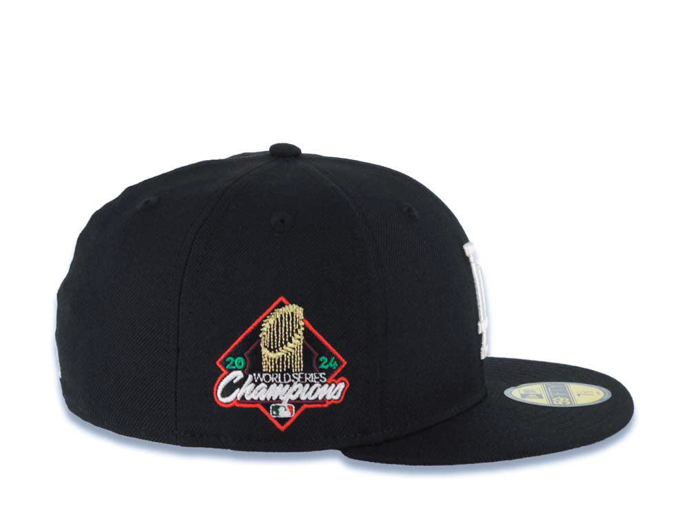 Los Angeles Dodgers New Era MLB 59FIFTY 5950 Fitted Cap Hat Black Crown/Visor White Logo With Rose 2024 World Series Side Patch