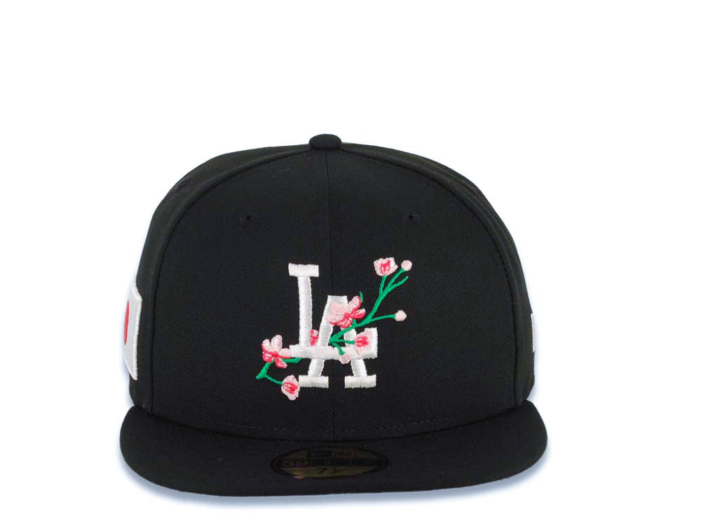 Los Angeles Dodgers New Era MLB 59FIFTY 5950 Fitted Cap Hat Black Crown/Visor White Logo With Flower Bloom Across Japan Flag Side Patch Gray UV