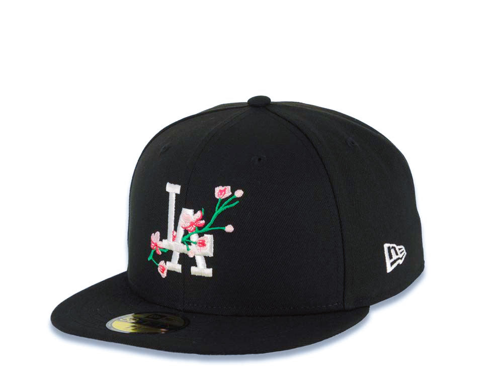 Los Angeles Dodgers New Era MLB 59FIFTY 5950 Fitted Cap Hat Black Crown/Visor White Logo With Flower Bloom Across Japan Flag Side Patch Gray UV