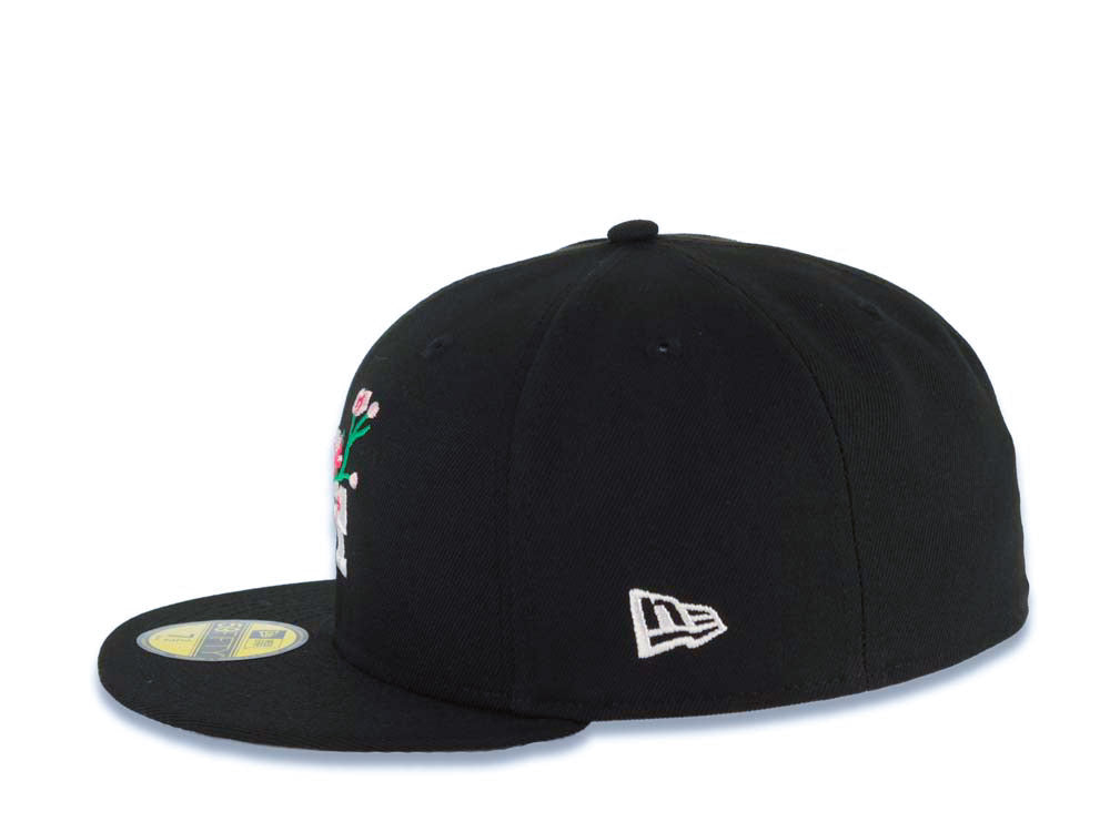 Los Angeles Dodgers New Era MLB 59FIFTY 5950 Fitted Cap Hat Black Crown/Visor White Logo With Flower Bloom Across Japan Flag Side Patch Gray UV