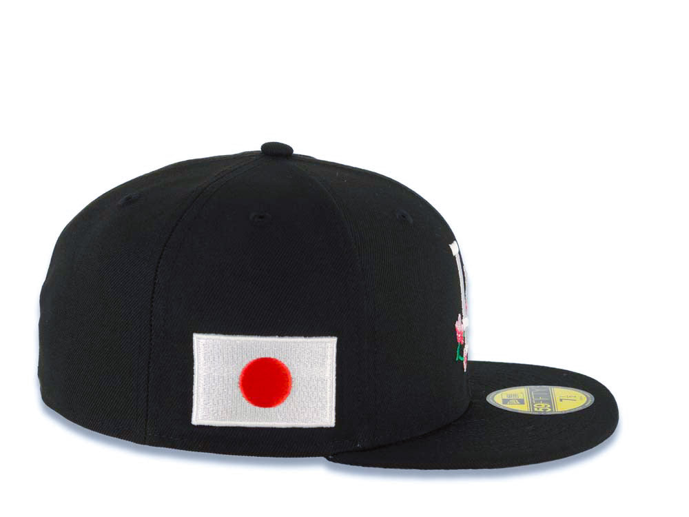 Los Angeles Dodgers New Era MLB 59FIFTY 5950 Fitted Cap Hat Black Crown/Visor White Logo With Flower Bloom Across Japan Flag Side Patch Gray UV