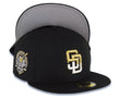 San Diego Padres New Era MLB 59FIFTY 5950 Fitted Cap Hat Black Crown/Visor White/Metallic Gold Drip Logo 40th Anniversary Side Patch Gray UV