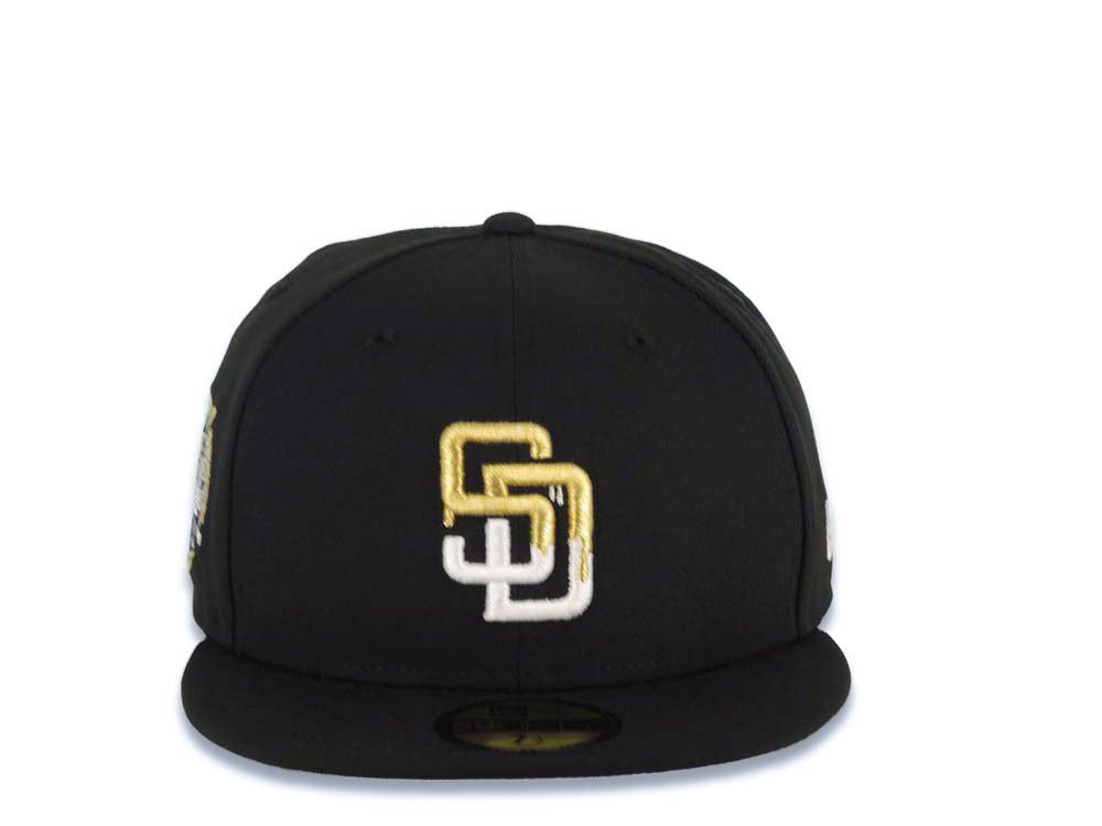 San Diego Padres New Era MLB 59FIFTY 5950 Fitted Cap Hat Black Crown/Visor White/Metallic Gold Drip Logo 40th Anniversary Side Patch Gray UV
