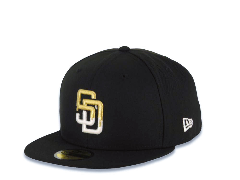 San Diego Padres New Era MLB 59FIFTY 5950 Fitted Cap Hat Black Crown/Visor White/Metallic Gold Drip Logo 40th Anniversary Side Patch Gray UV