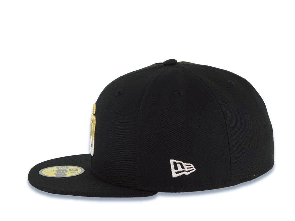 San Diego Padres New Era MLB 59FIFTY 5950 Fitted Cap Hat Black Crown/Visor White/Metallic Gold Drip Logo 40th Anniversary Side Patch Gray UV