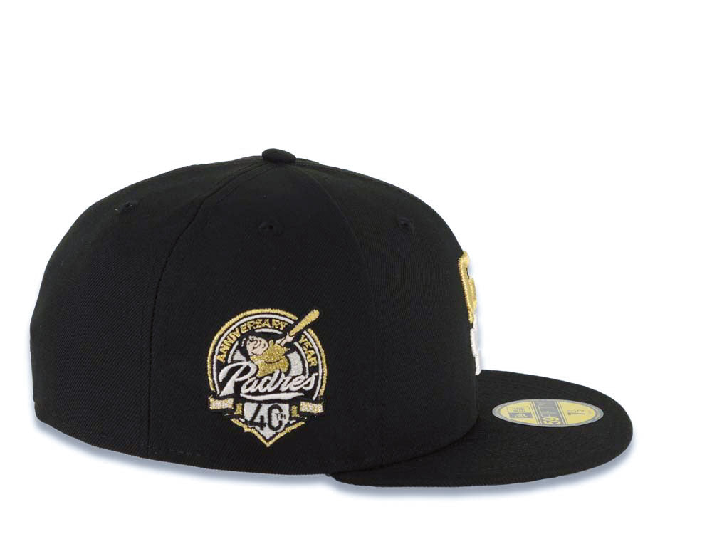 San Diego Padres New Era MLB 59FIFTY 5950 Fitted Cap Hat Black Crown/Visor White/Metallic Gold Drip Logo 40th Anniversary Side Patch Gray UV