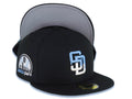 San Diego Padres New Era MLB 59FIFTY 5950 Fitted Cap Hat Black Crown/Visor White/Sky Blue Drip Paint Logo 10th Anniversary Petcopark Side Patch Gray UV