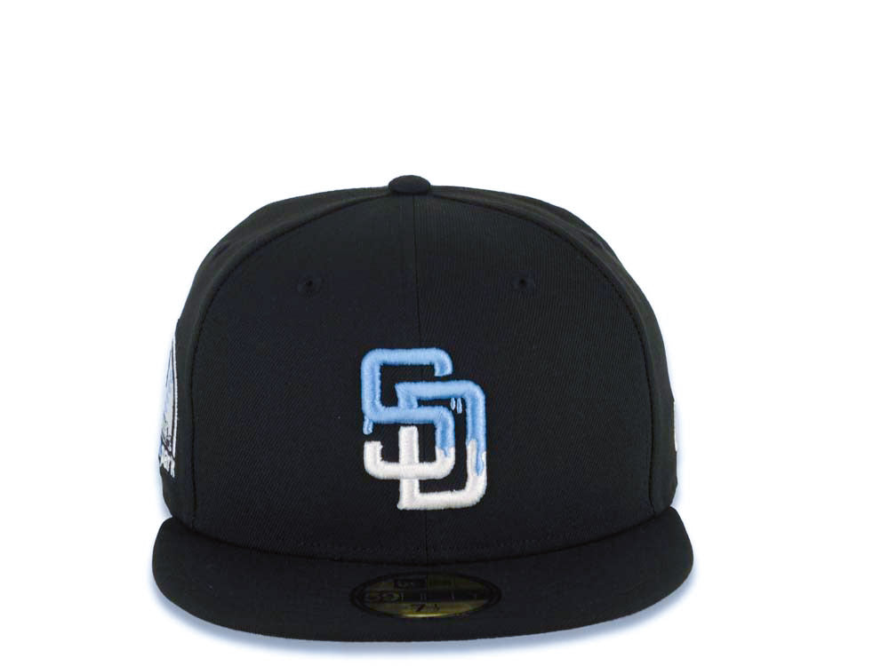 San Diego Padres New Era MLB 59FIFTY 5950 Fitted Cap Hat Black Crown/Visor White/Sky Blue Drip Paint Logo 10th Anniversary Petcopark Side Patch Gray UV