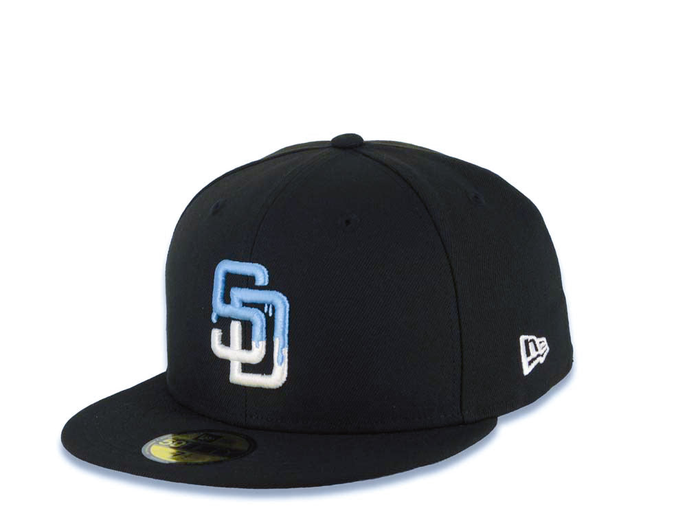 San Diego Padres New Era MLB 59FIFTY 5950 Fitted Cap Hat Black Crown/Visor White/Sky Blue Drip Paint Logo 10th Anniversary Petcopark Side Patch Gray UV