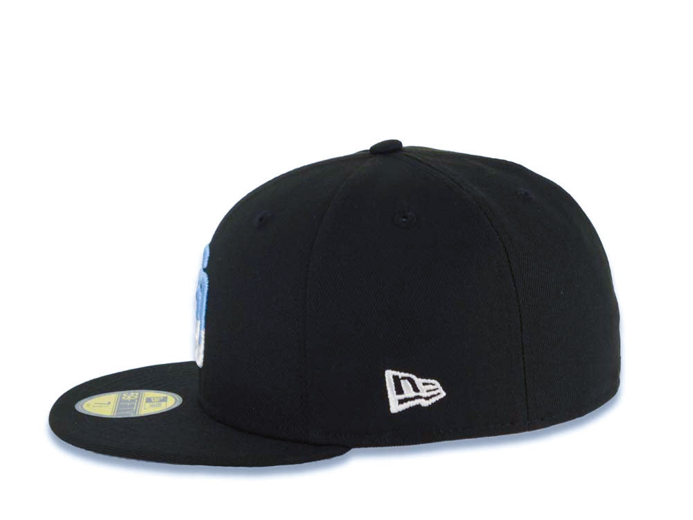 San Diego Padres New Era MLB 59FIFTY 5950 Fitted Cap Hat Black Crown/Visor White/Sky Blue Drip Paint Logo 10th Anniversary Petcopark Side Patch Gray UV