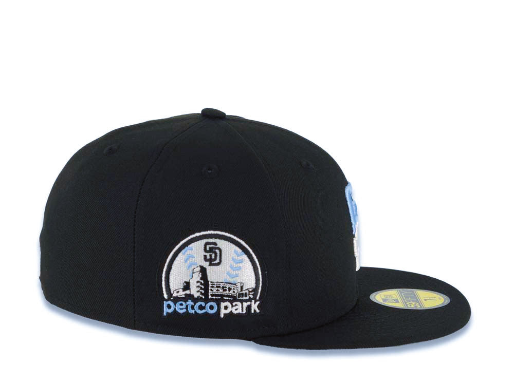 San Diego Padres New Era MLB 59FIFTY 5950 Fitted Cap Hat Black Crown/Visor White/Sky Blue Drip Paint Logo 10th Anniversary Petcopark Side Patch Gray UV