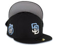San Diego Padres New Era MLB 59FIFTY 5950 Fitted Cap Hat Black Crown/Visor White/Sky Blue Drip Paint Logo 20th Anniversary Petcopark Side Patch Gray UV
