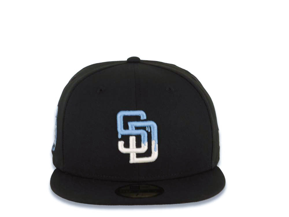 San Diego Padres New Era MLB 59FIFTY 5950 Fitted Cap Hat Black Crown/Visor White/Sky Blue Drip Paint Logo 20th Anniversary Petcopark Side Patch Gray UV